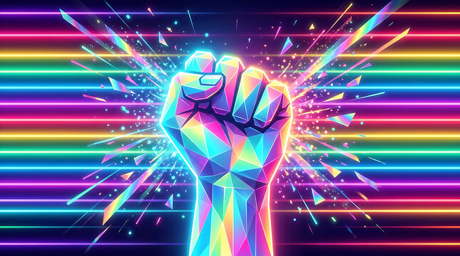 Raised fist symbol of resistance and pride in polygonal rainbow colors