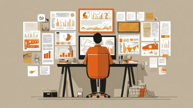 Strategist managing complex information across multiple office wall charts.