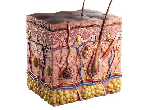 3d illustration of human skin anatomy showing layers, hair follicles, sweat glands, and blood vessels isolated on white background