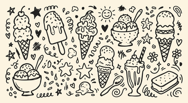 Ice cream and frozen dessert doodle set featuring milkshake popsicle and waffle cone line art