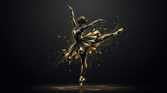 Elegant ballerina dancing against black background geometric illustration