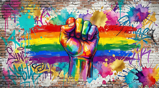 Graffiti art of raised fist in rainbow colors on brick wall background
