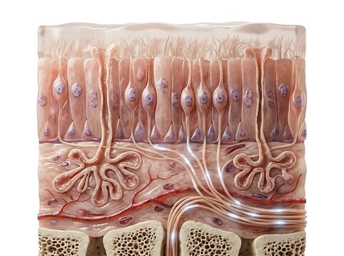 3d illustration of the olfactory epithelium showing olfactory receptor neurons, supporting cells, and basal cells in the nasal cavity