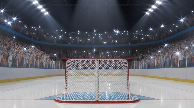ice hockey stadium goal gate front general view and camera flashes behind, hockey and skating stadium indoor 3D render illustration background
