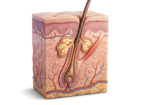 Cross section of human skin with hair follicle, sebaceous gland, and arrector pili muscle, detailed 3d anatomical illustration