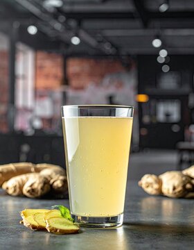 Refreshing Ginger Drink with Fresh Ginger Roots on a Countertop.