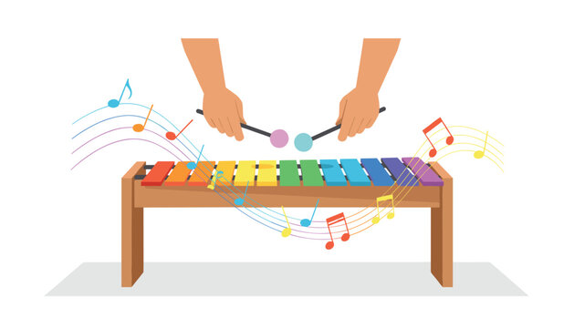 Hands holding mallets playing a colorful xylophone with floating musical notes, illustrating a creative and rhythmic musical performance.