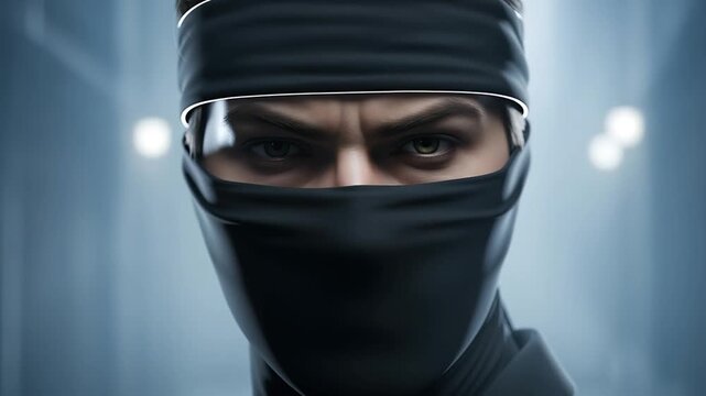 Mysterious ninja stares intensely from beneath dark mask. Cold, focused gaze cuts through dim, atmospheric glow. Strategic stealth warrior poised for imminent action. Ideal for themes of secrecy