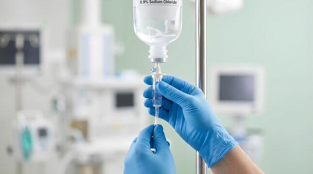 Nurse's gloved hands adjusting an intravenous saline drip with 0.9% Sodium Chloride in a clean hospital setting