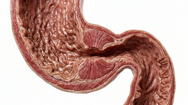 Anatomical model of a human stomach showing the pyloric sphincter and internal gastric folds isolated on white background