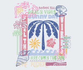 Fototapeta premium Summer good vibes vector design for apparel, stickers, posters, background and others. Enjoy beach life. Beach palm island artwork. Surfing club design. Hibiscus flower seashell, surf artwork. 