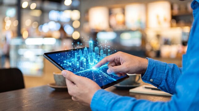 Man in blue shirt using tablet with futuristic cityscape on screen in coffee shop