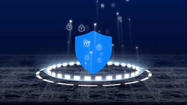 Blue shield icon emitting lock symbols on digital network. Protective blue shield icon for ransom ware prevention. Tech blue shield icon on dark background.