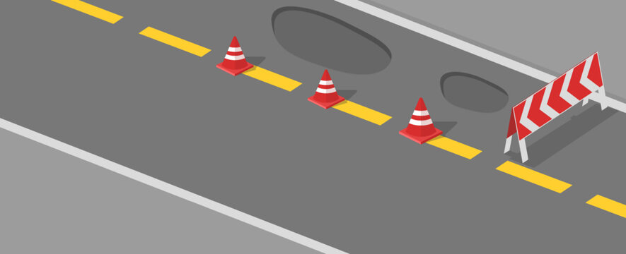 Urban surface and infrastructure texture. Asphalt holes on road and process of its repairing, warning road signs. Isometric style.