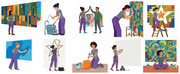 Muralists and artists creating colorful wall art and street paintings illustration set © Sepptian