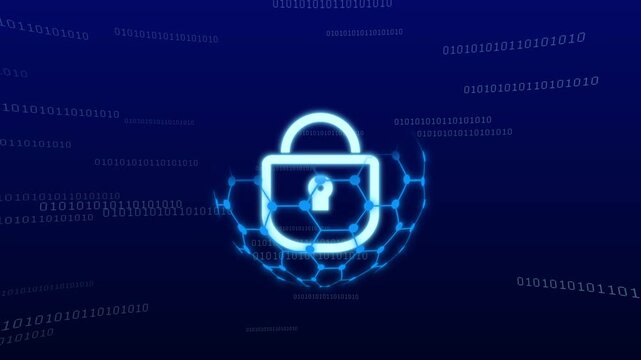 padlock icon within a digital network sphere for global privacy. Cyber glowing blue padlock icon within a digital network sphere.