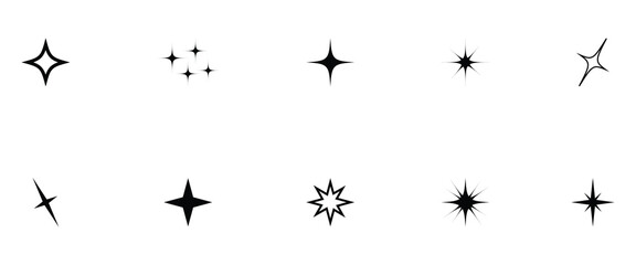 Fototapeta premium Collection of ten retro futuristic sparkle icons. Star shape collection. Abstract cool shining effect sign vector design. Set of sparkling sparkles, star and sun shapes. eps10. 