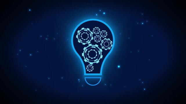 Glowing blue light bulb filled with interlocking gears on starry backdrop. 