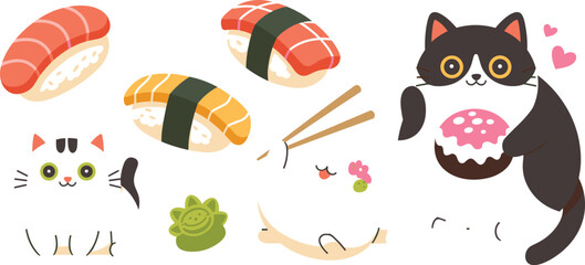 “Cute cartoon cats with sushi rolls, nigiri, wasabi, and playful donut interaction in colorful whimsical vector illustration. © Yesrath Hasan Sobuj