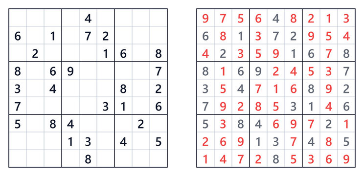 Classic Sudoku puzzle grid with hard level answers displayed in red, featuring a 9x9 grid layout with numbers and empty cells for solving