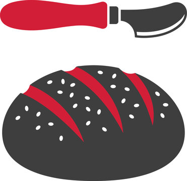 Minimalist Vector Illustration Of A Loaf Of Sourdough Bread And A Serrated Bread Knife In Red And Black