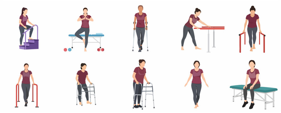 Vector illustration set of women performing physical therapy exercises for rehabilitation and medical recovery