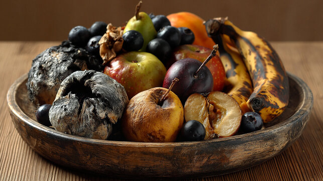 Rotting fruits assortment arranged in wooden bowl on table. Rotten fruit in home bowl whis frech fruit