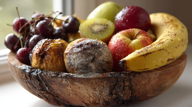Fruit assortment in wooden bowl on windowsill with droplets. Rotten fruit in home bowl whis frech fruit