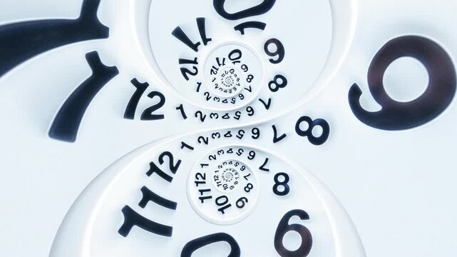 Seamless Loop White Spiral Clock Animation, Infinite Time Tunnel Abstract Background