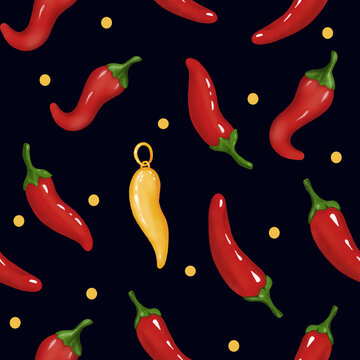 Spicy red chili peppers and golden cornicello amulet seamless pattern on dark black background, Italian luck charm wallpaper
