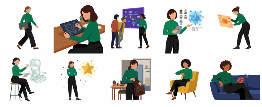 Professional Women in Business and Technology Illustrations Set Featuring Office Work, Product Design, Presentation, and Career Growth Scenarios