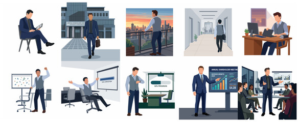 Fototapeta premium Professional corporate illustrations set featuring businessmen in office environments, presentations, and achieving goals in flat vector style