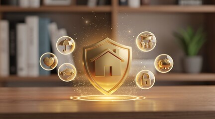 Fototapeta premium Golden Shield Financial Protection: 3D concept for comprehensive insurance solutions, asset security, and wealth management, ensuring future planning and stability.