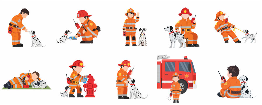 Set of little boy firefighter and dalmatian dog character illustrations in various emergency service activities