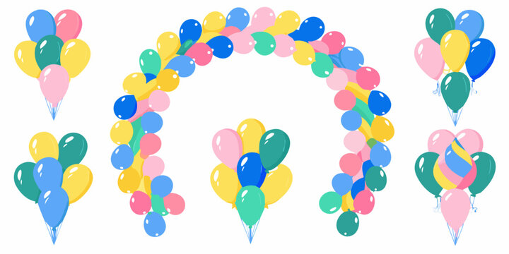 Colorful balloon clusters and archway vector illustration on white background