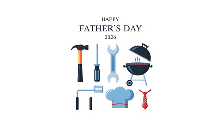 Naklejka premium Flat lay Father's Day 2026 celebration icons with tools, grill, sports and family objects on white background