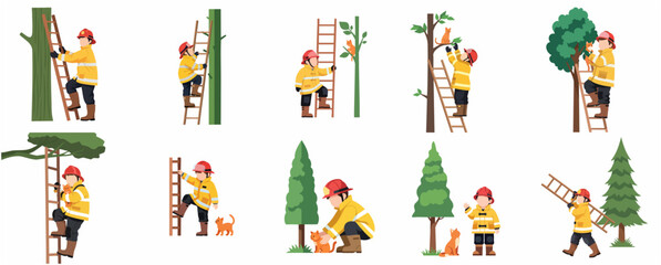 Fototapeta premium Firefighter rescuing a cat from a tree illustration set, heroic fireman saving kitten character collection