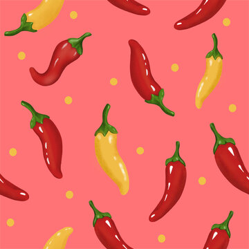 seamless background with peppers Hot chili peppers seamless pattern on coral pink background, vibrant kitchen surface design with red and yellow peppers.