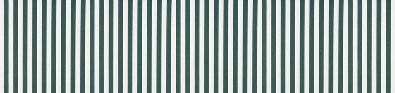 Seamless pattern of vertical dark green and white textile stripes on textured awning canvas fabric background
