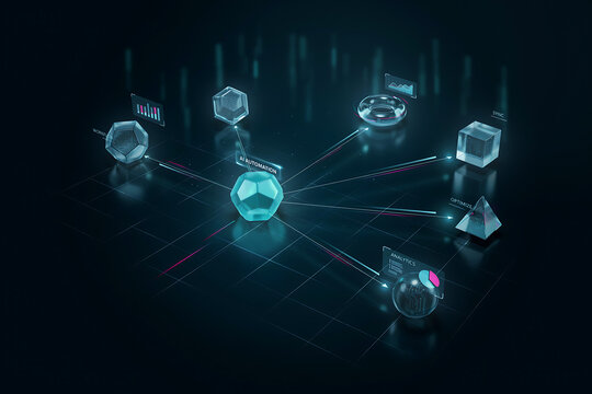 Glowing blue geometric shapes connected by lines on a dark background, ttt (110