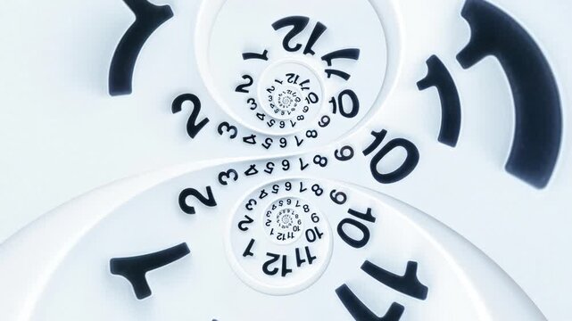 Seamless Loop White Spiral Clock Animation, Infinite Time Tunnel Abstract Background