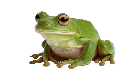 Fototapeta premium Isolated vibrant green tree frog with large brown eyes sitting and observing, studio shot.