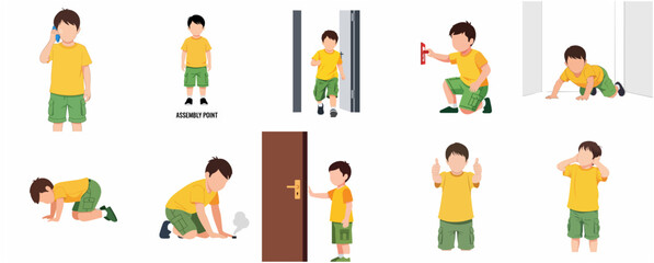 Fototapeta premium Fire Safety Procedures and Emergency Evacuation Instructions for Kids Vector Illustration Set