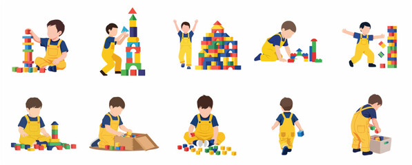 Fototapeta premium Set of flat vector illustrations of a little boy playing with colorful wooden blocks, building towers and learning through creative play