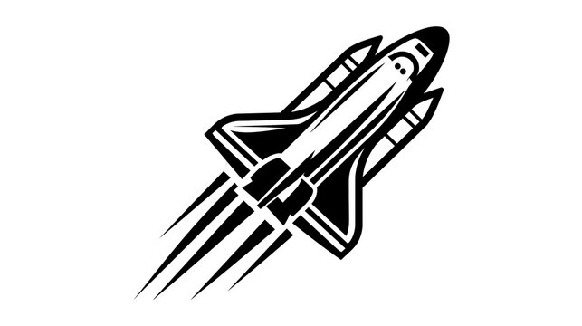 Minimalist space shuttle icon in motion, centered spacecraft symbol isolated on white background