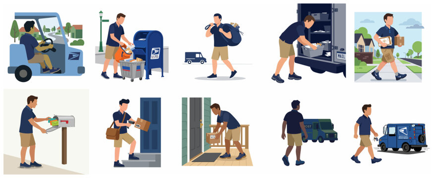 Vector illustration set of postmen and mail carriers delivering letters and packages in different residential scenarios