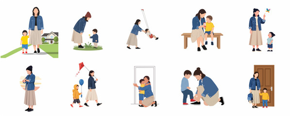 Fototapeta premium Flat vector illustration set of mother and young son in various daily activities, parenting concept, family bonding moments on white background