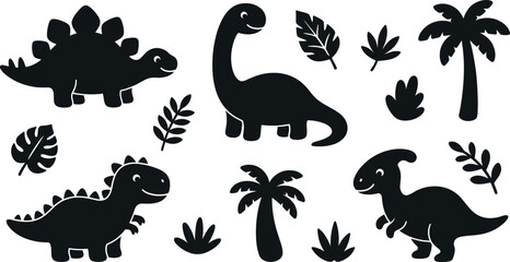 Cute Cartoon Dinosaur Silhouettes Set Friendly Baby Prehistoric Characters and Tropical Palm Tree Icons  © MirzaAsmaul
