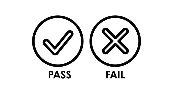 Pass and fail checkmark and cross symbol icons with checkmark decision evaluation validation positive negative selection isolated correctness incorrect assessment