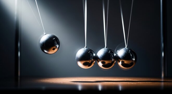 Shiny Metal Pendulum Balls Suspended in Motion on Dark Background